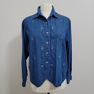 Cascade Denim Blue Long Sleeve Women's Shirt Cotton Embroidered flowers Size XL